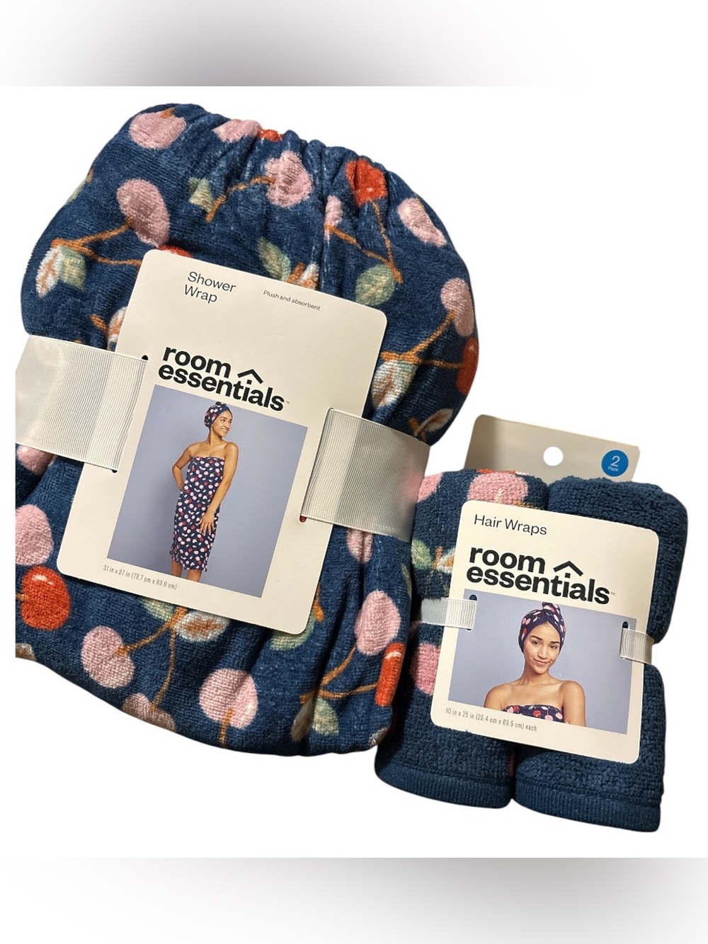 Navy Floral Shower & Hair Wrap Set with Pink and Coral Cherries